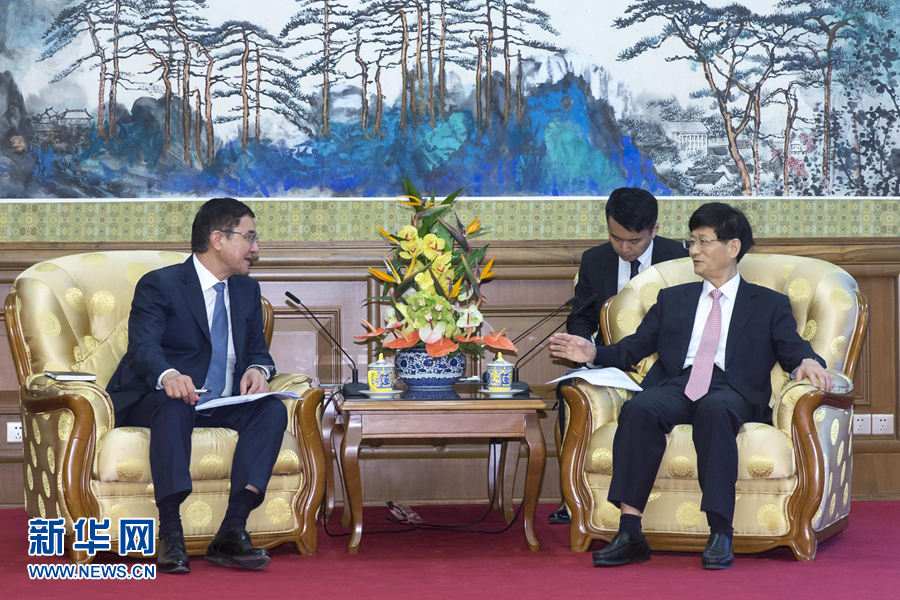 7月19日，中共中央政治局委員、中央政法委書記孟建柱在北京會見烏茲別克斯坦副總理庫奇卡羅夫。 新華社記者崔新鈺攝